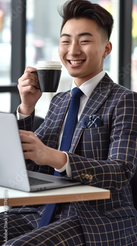 A handsome young Chinese man in a suit is smiling and holding coffee while sitting at his desk, with a laptop on the table. created by ai