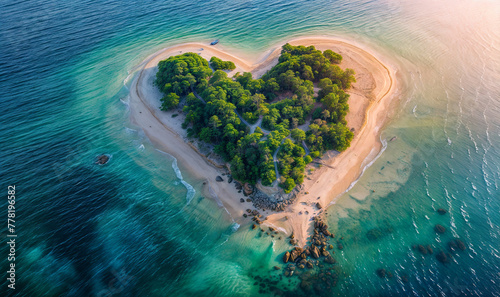 Pink sand beach around a heart shaped island in the middle of the ocean aerial view, exotic seashore seen from above, drone view tropical paradise landscape 