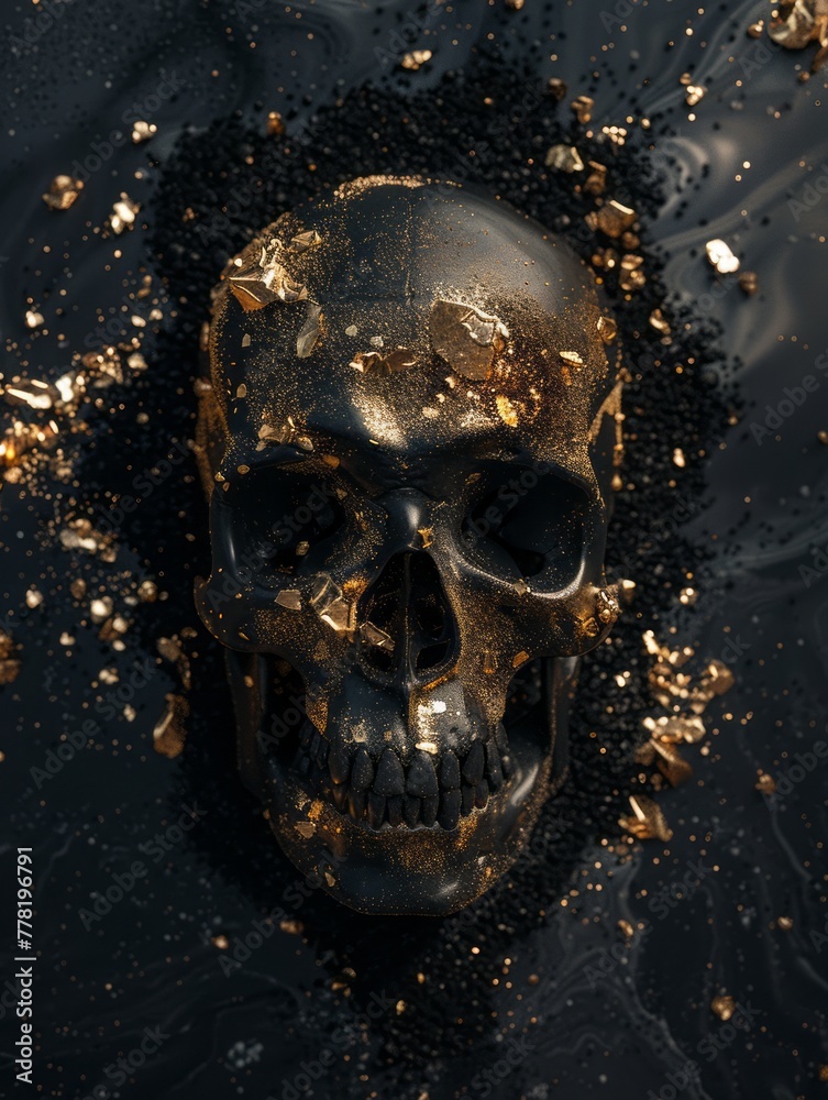 black skull with pieces of gold on a black background with fog. black skull with pieces of gold on a black background with fog.