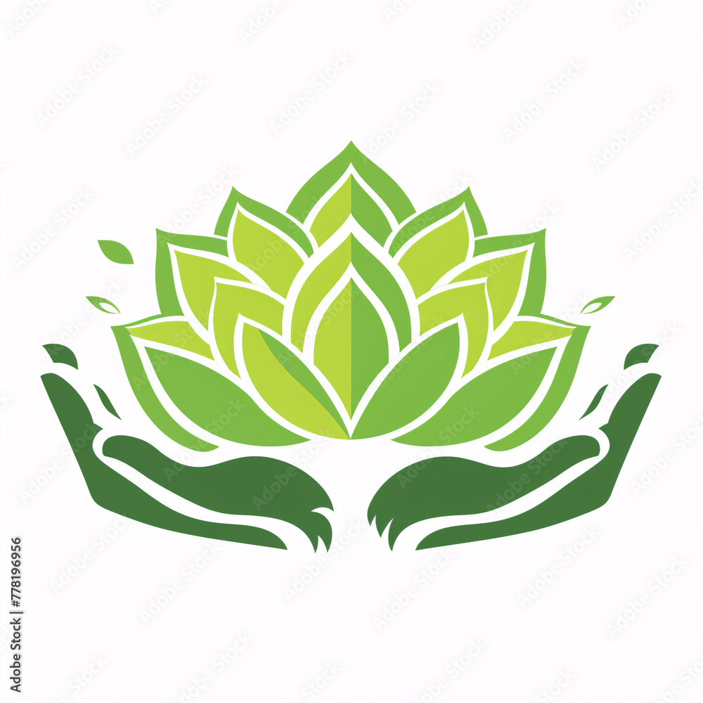 A green lotus flower is cradled by two hands, symbolizing growth, nature, and wellness.