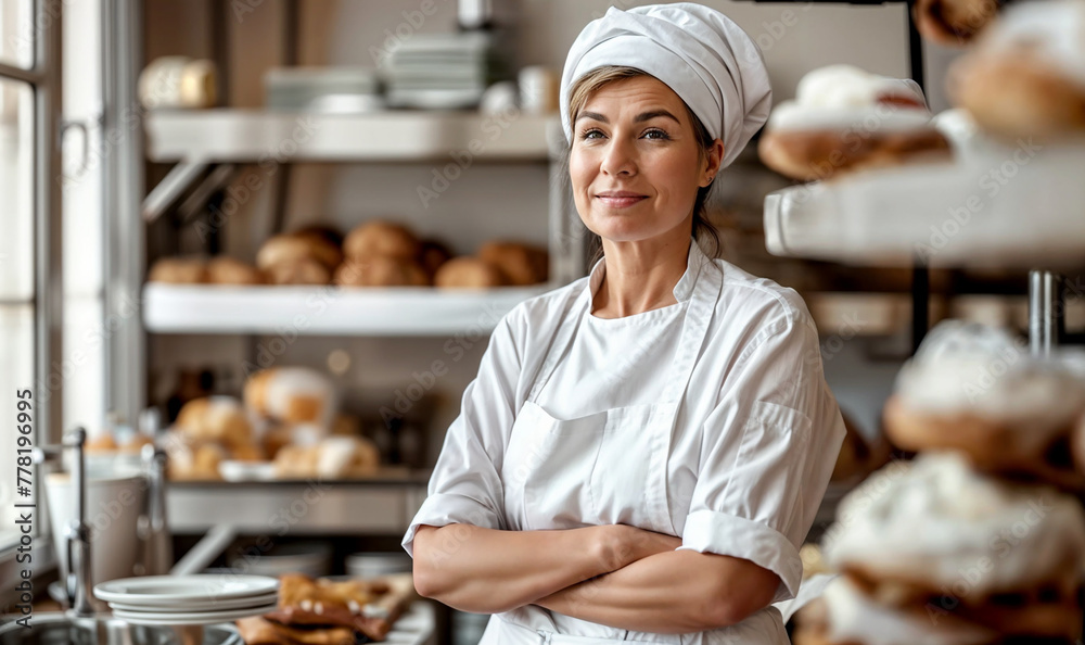 bakery owner with breads and pastry background, baker woman in her 50s looking at the camera, entrepreneur portrait bakery owner with breads and pastry background, baker woman in her 50s looking at the camera, entrepreneur portrait