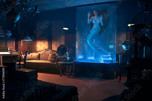 Fantasy mermaid girl with black hair in an aquarium in a vintage room with dim lights, fish in the aquarium, mystical creature, blue aquarium, 