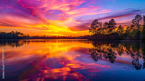 Vibrant sunset with hues of orange, pink, and purple reflecting on a calm lake surrounded by silhouetted trees. © ChoopyChoop