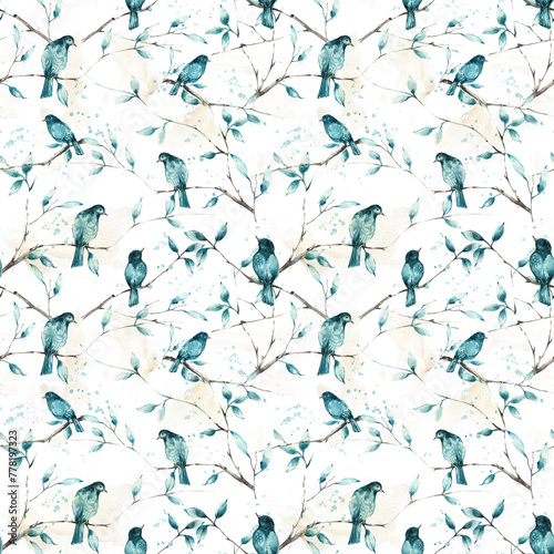 Seamless watercolor pattern with blue birds and branches.