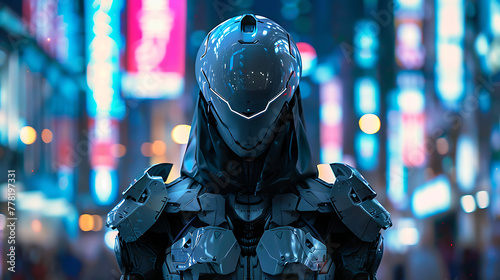 This captivating image portrays a mysterious figure clad in futuristic armor.