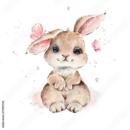 Cute bunny watercolor illustration. Happy Easter greeting card. Cartoon character children's print with a hare.