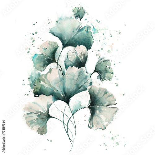 watercolor illustration abstract flowers, ginko biloba leaves