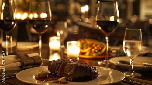 An intimate dining space with flickering candles casting a warm glow over a delectable beef entree