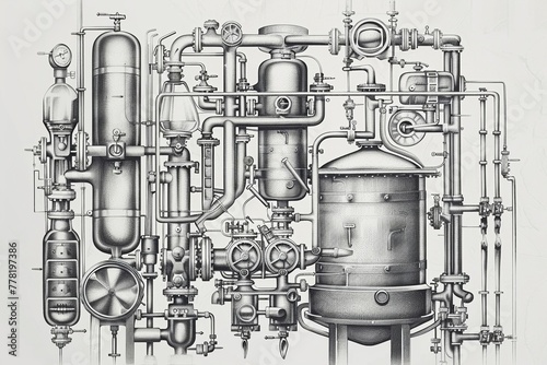 An intricate black and white illustration featuring a diverse array of vintage distilling equipment
