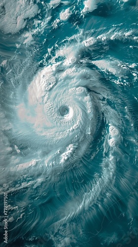 The intricate cloud patterns and eye of the storm in a satellite view of a massive hurricane as it sweeps across the ocean