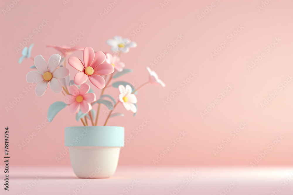 3d floral craft wallpaper. Concept illustration of orange green and yellow flowers on light background