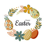 Happy Easter. Easter colored eggs with fancy flowers and leaves on branches for the spring holiday in a round frame. Vector.