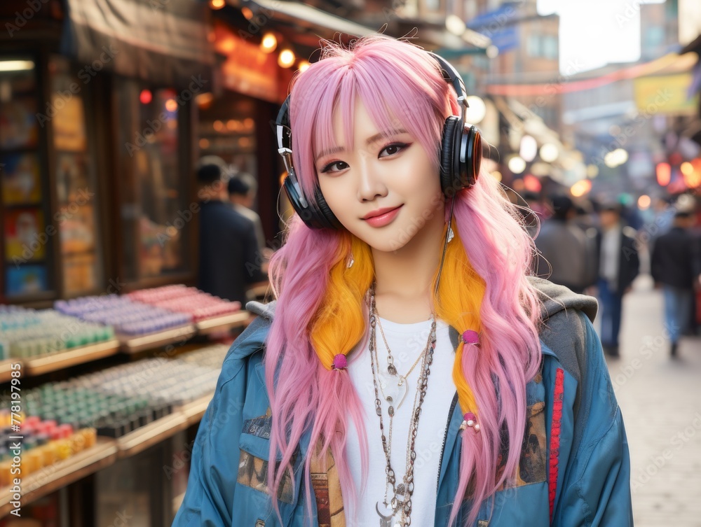Girl With Pink Hair Wearing Headphones in Front of Store