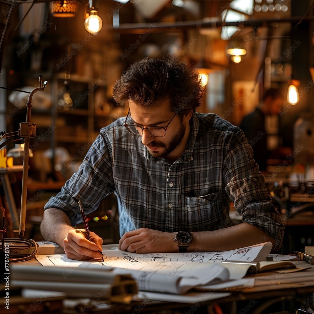 Inventor Sketching Innovative Designs in a Dimly Lit Workshop Pursuing the Pursuit of Progress and Breakthrough Discoveries Inventor Sketching Innovative Designs in a Dimly Lit Workshop Pursuing the Pursuit of Progress and Breakthrough Discoveries