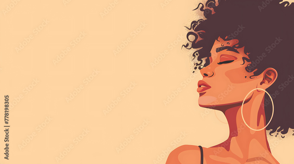 Afro hair African woman illustration for fashion banner with copy space on beige background. generative ai Afro hair African woman illustration for fashion banner with copy space on beige background. generative ai
