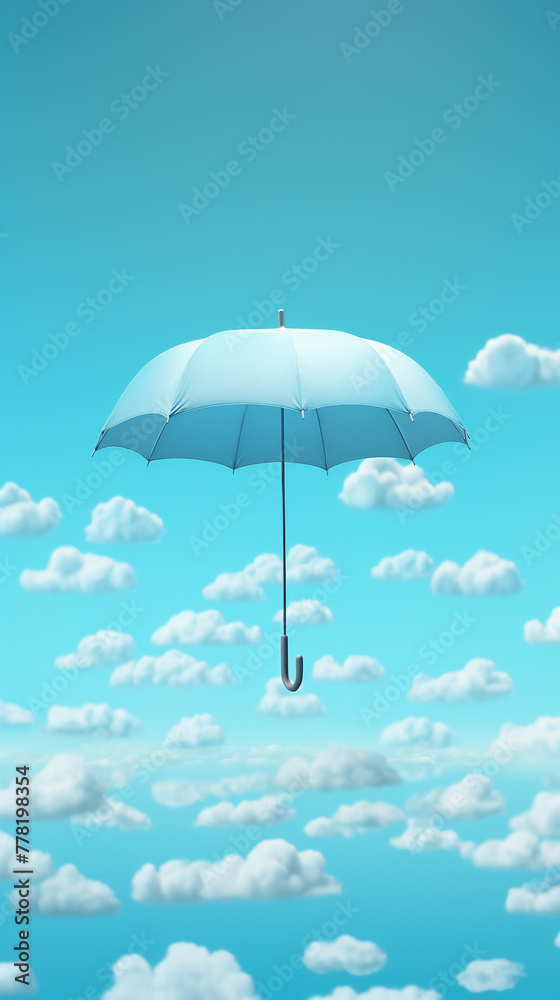 Light blue umbrella in 3D, floating mid-air, dreamy clouds backdrop, centered, high detail,3d style