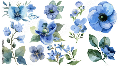 vector watercolor blue green floral bouquet collection