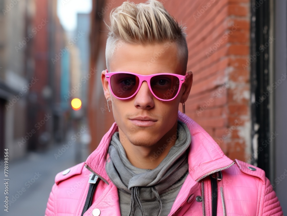 Stylish Man Wearing Pink Jacket and Sunglasses Stylish Man Wearing Pink Jacket and Sunglasses