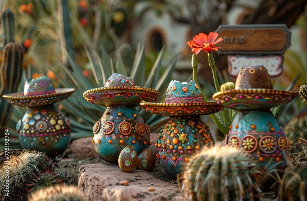 Traditional and vibrant hand-painted Easter eggs with a Mexican sombrero in an outdoor setting, amidst blooming cacti.