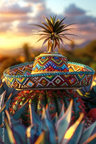 A vibrant sombrero sits atop an agave plant as the sun sets behind a mountainous landscape.