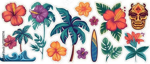 Set of various stickers in Hawaiian style - palm trees, leaves, hibiscus flowers, traditional tikki mask
