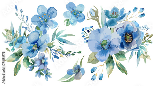 vector watercolor blue green floral bouquet collection