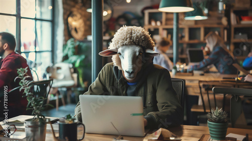 A man with a sheep's head is working in front of a laptop, in a busy workspace.