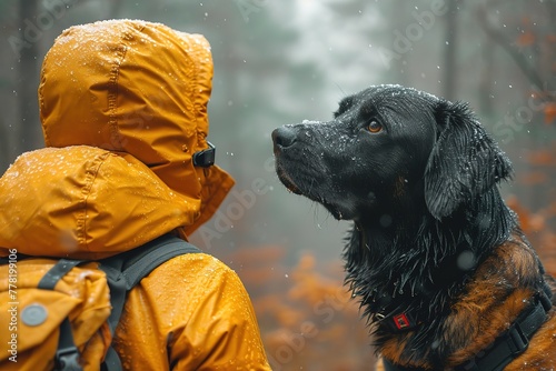 A search and rescue dog team locating a missing person in a dense forest