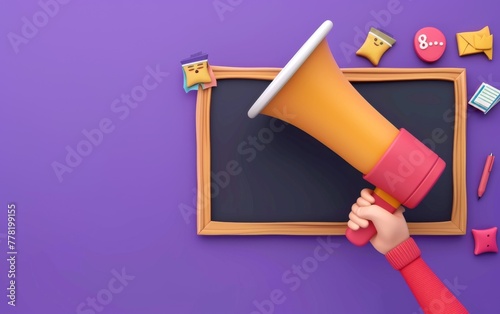 3D cartoon hand holding a megaphone on a purple background. Banner with place for text. 3D render illustration