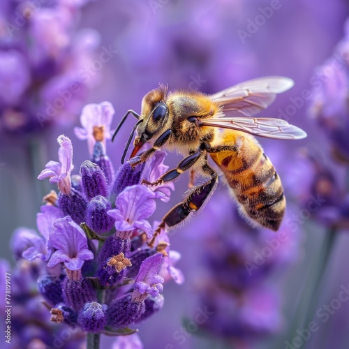 Bee Pollinating Lavender Flowers Close-Up 