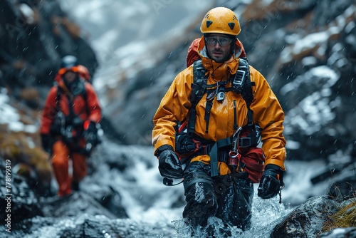 A search and rescue team member carrying an injured climber down a treacherous mountainside