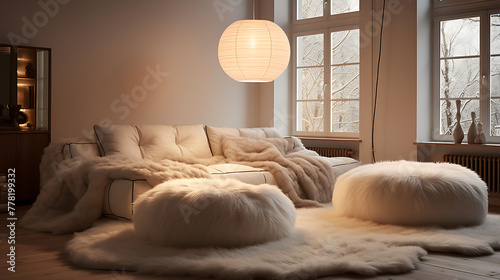 Soft lighting fixture and a plush rug in Scandinavian style.