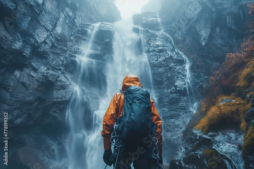 A search and rescue team member rappelling down a towering waterfall to rescue an injured hiker, surrounded by mist