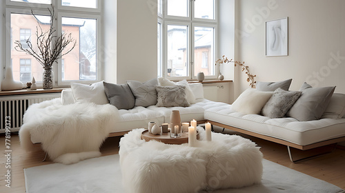 White rugs and colorful pillows in the living room in Scandinavian style