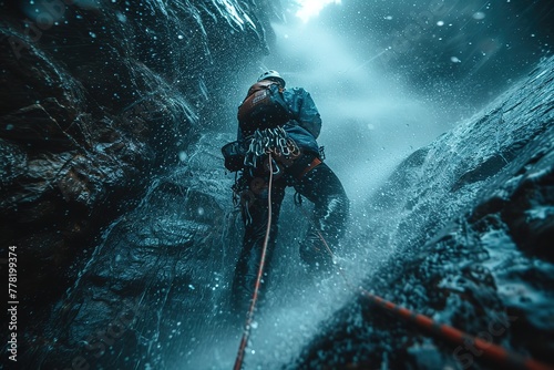 A search and rescue team member rappelling down a towering waterfall to rescue an injured hiker, surrounded by mist photo