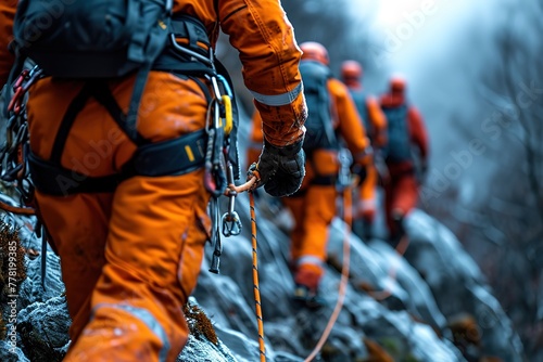 A search and rescue team rappelling down a cliff to reach an injured climber photo
