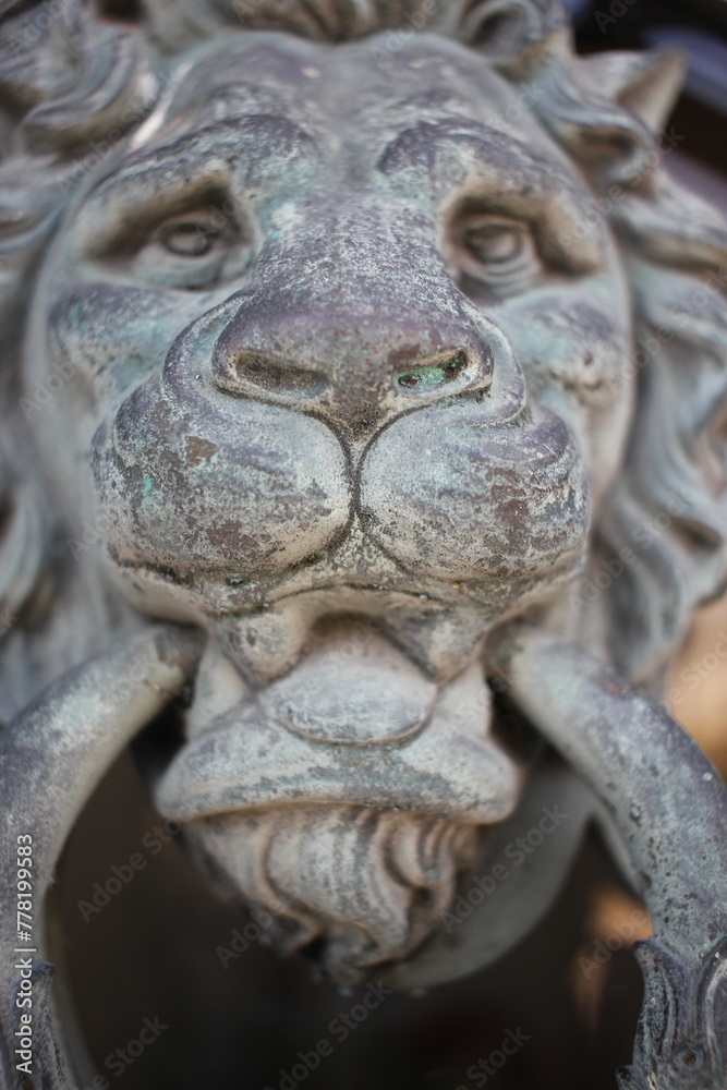 Interesting building detail of a lion holding a door knocker.