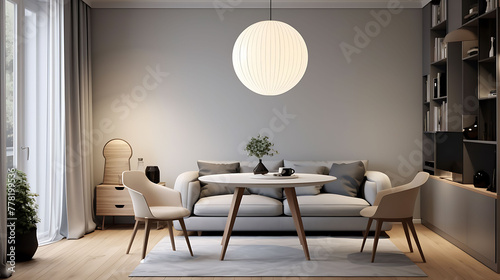 Soft lighting fixture and a round table in the living room in Scandinavian style.