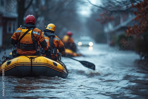 A swift water rescue team navigating a flooded street to rescue stranded residents
