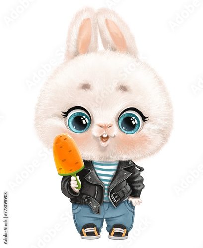 Cute cartoon white bunny in biker jacket with carrot-shaped ice cream © Azuzl