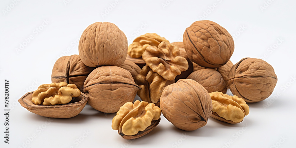walnuts split open with leaves on the side isolated on a white summer backround сreated with Generative Ai walnuts split open with leaves on the side isolated on a white summer backround сreated with Generative Ai