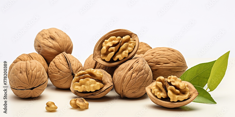 walnuts split open with leaves on the side isolated on a white summer backround сreated with Generative Ai walnuts split open with leaves on the side isolated on a white summer backround сreated with Generative Ai