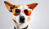 stylish dog wears trendy sunglasses, posing against a soft, neutral background with ample copy space. Ideal for summer themes, pet care businesses, eyewear promotions, or campaigns 