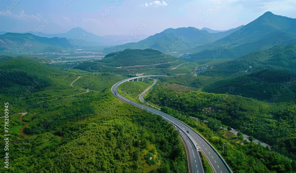 Fototapeta premium A highway in the middle of a green forest, beautiful scenic view, relaxing, created with AI
