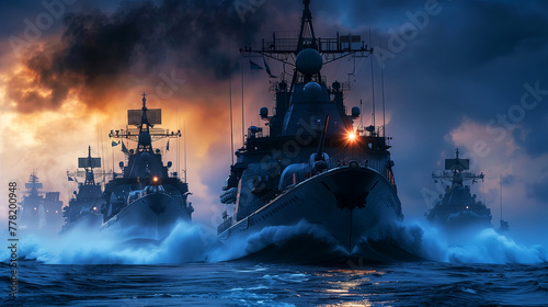 Warships in high sea at cloudy sunset