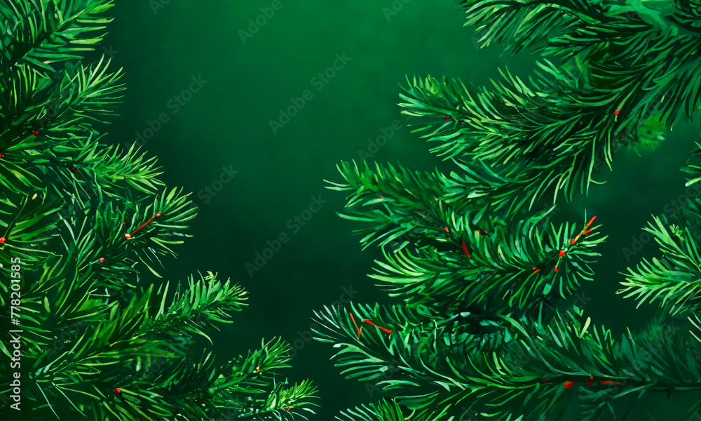 Lush evergreen branches with hints of red, ideal for festive decorations, nature blogs, and seasonal projects focused on winter or Christmas themes.
