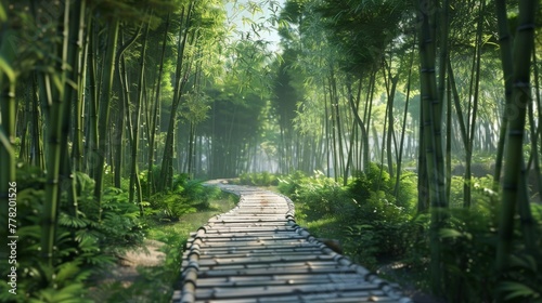 Serene Path through a 3D Bamboo Forest for Walking Meditation Apps.