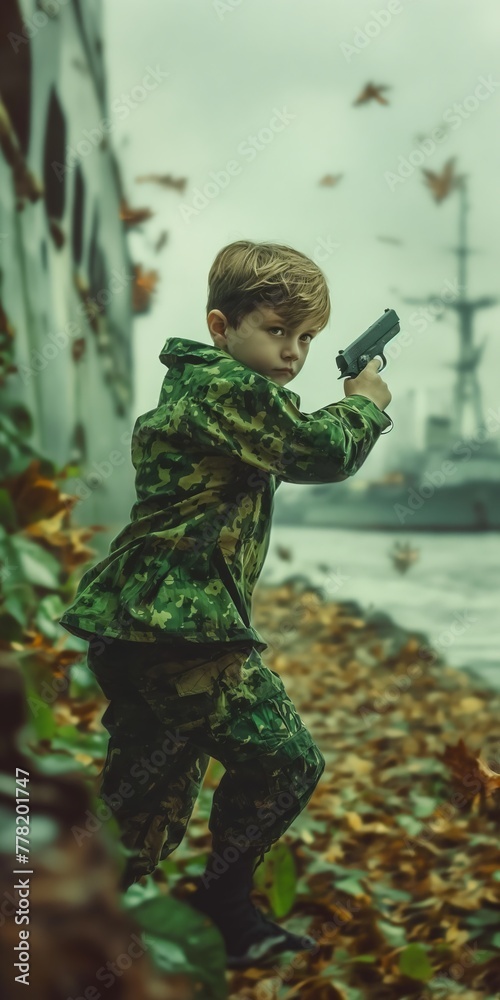 A four-year-old boy, Playing a SEAL., wearing camouflage uniforms, with a gun in his hand., Behind it is the ocean and ships., Simple color, Grand scene, panoramic, 