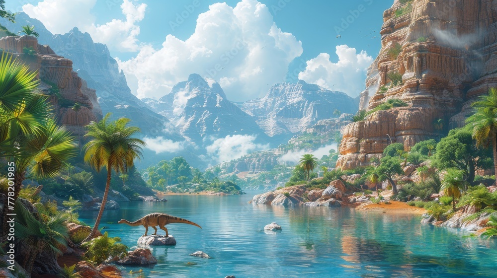 Naklejka premium Prehistoric Landscape with Dinosaurs for Educational Apps.