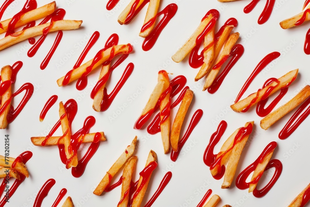 A high angle view of French fries arranged in a creative pattern, drizzled with ketchup on a white surface A high angle view of French fries arranged in a creative pattern, drizzled with ketchup on a white surface